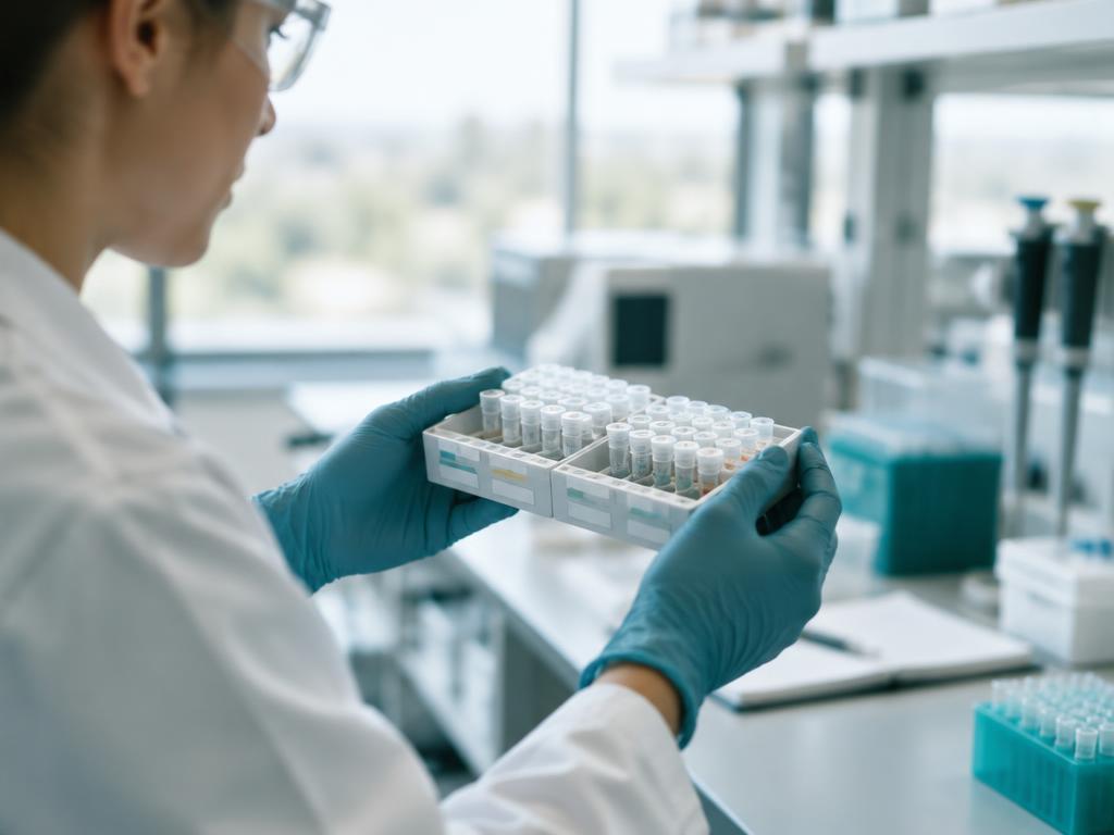 Researcher holding a labeled sample tray in a bright laboratory