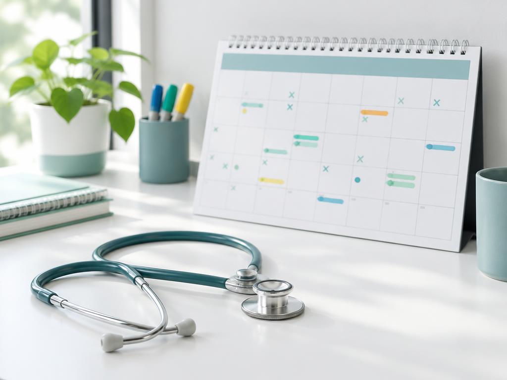 Wall calendar and stethoscope on a white desk