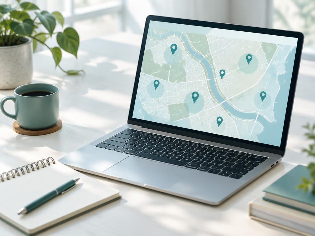 Laptop showing a map with location pins