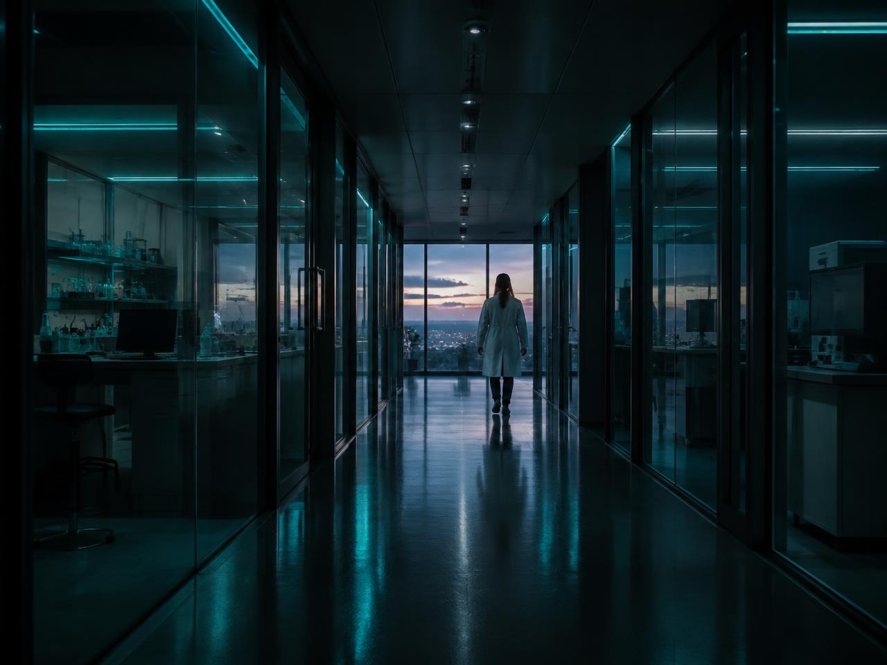 Dim clinical research corridor with teal accent lighting