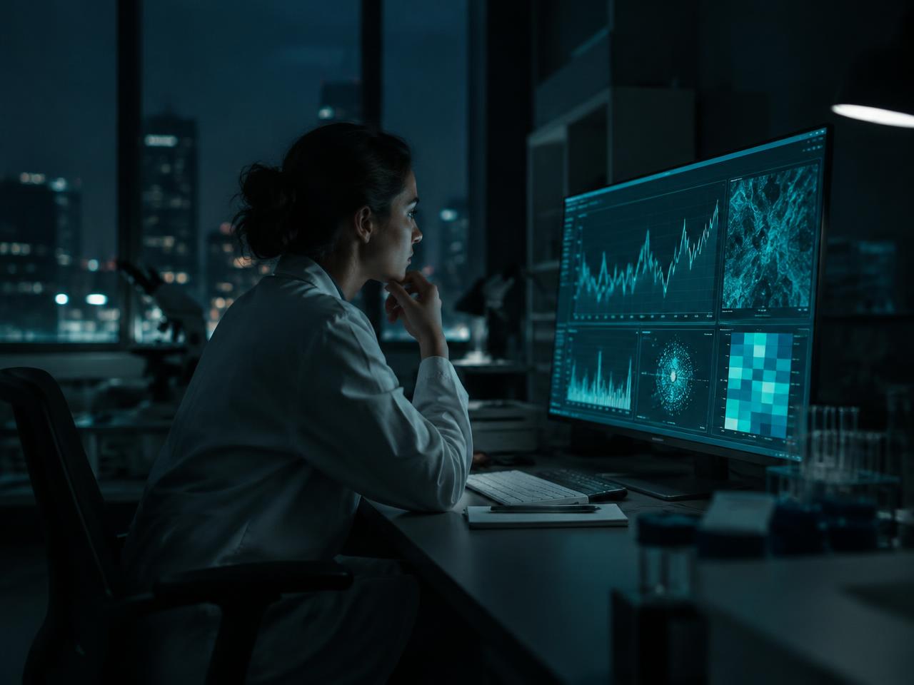 Researcher reviewing data charts on a monitor at night