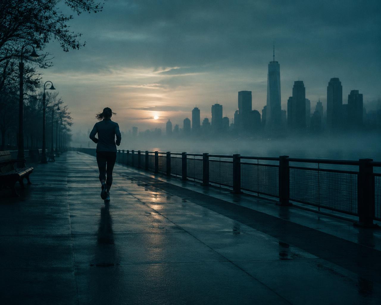 Runner jogging along a misty city promenade at dawn