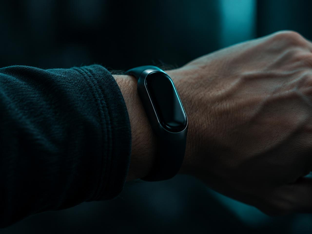 Wearable health monitor on a volunteer's wrist in teal light
