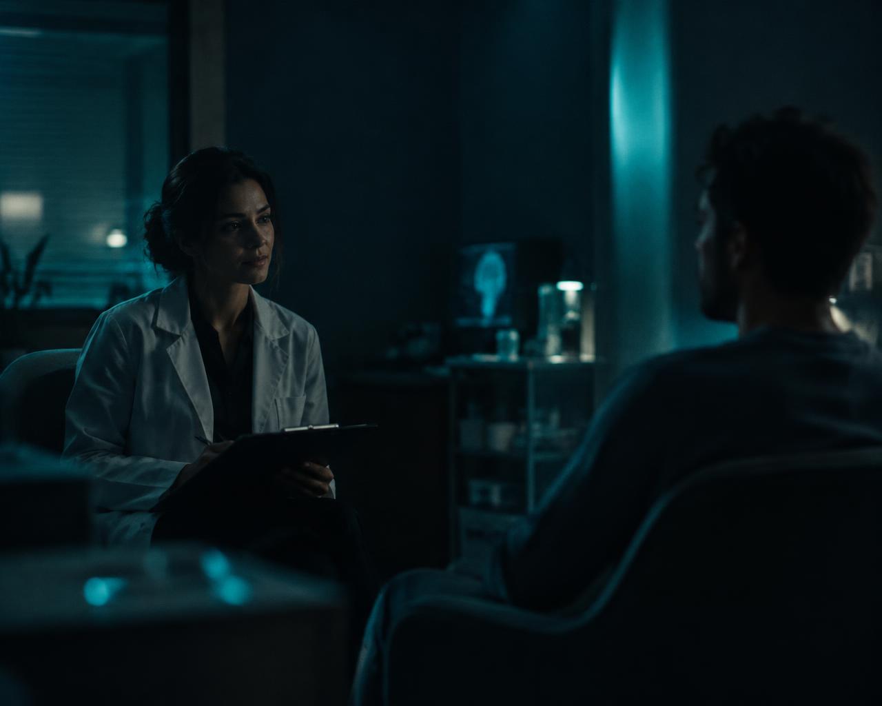 Researcher with a clipboard quietly observing a volunteer in a dim clinic