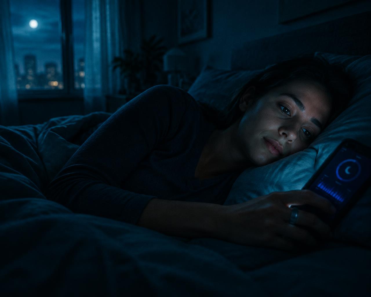 Volunteer checking a sleep-tracking app on a phone at night